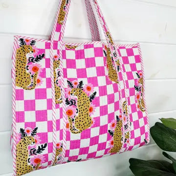 FOLKLORE COUTURE QUILTED TOTE PINK CHECKERED JAGUAR