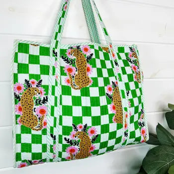 FOLKLORE COUTURE QUILTED TOTE JAGUAR GREEN CHECKERED